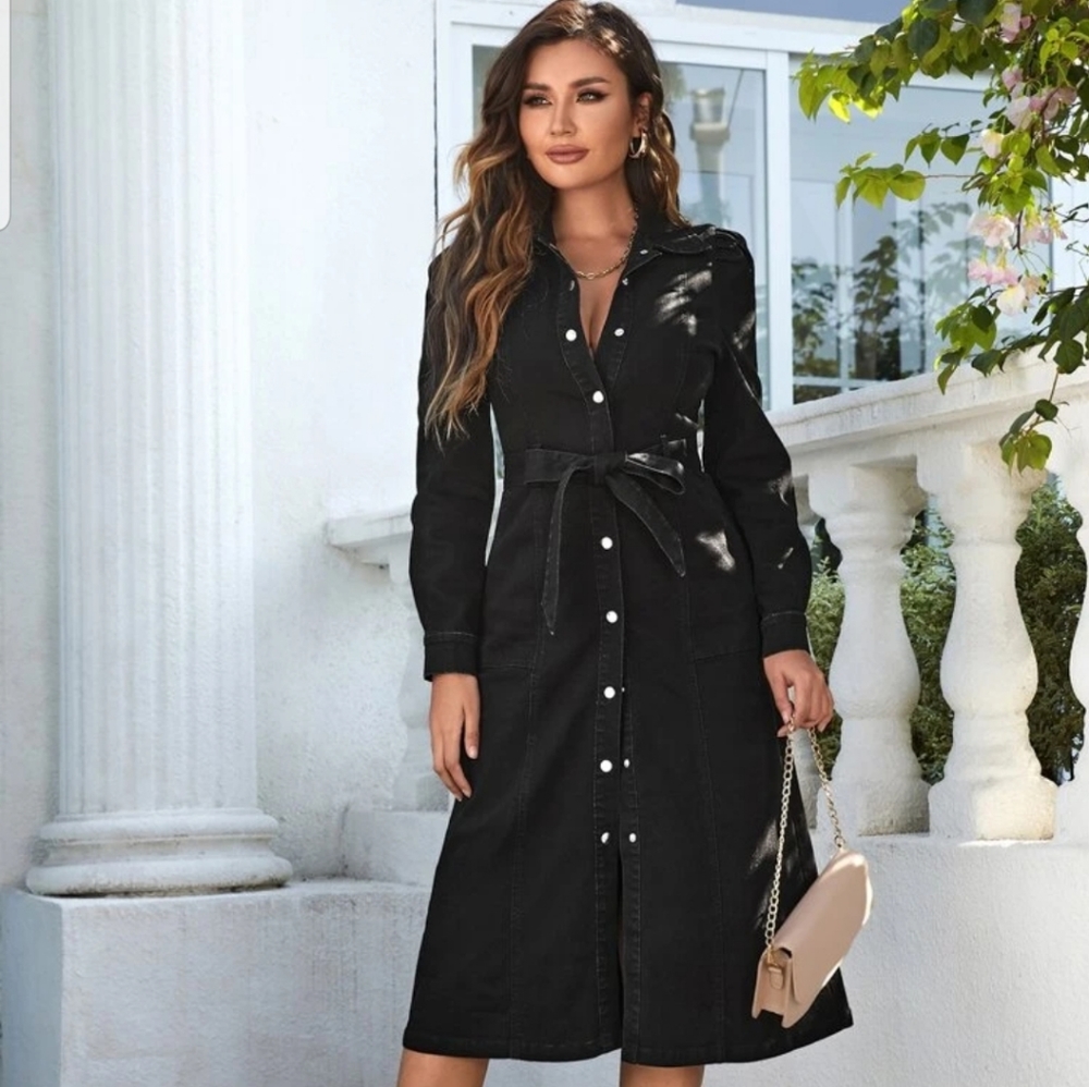 Shein Button Front Belted Denim Dress